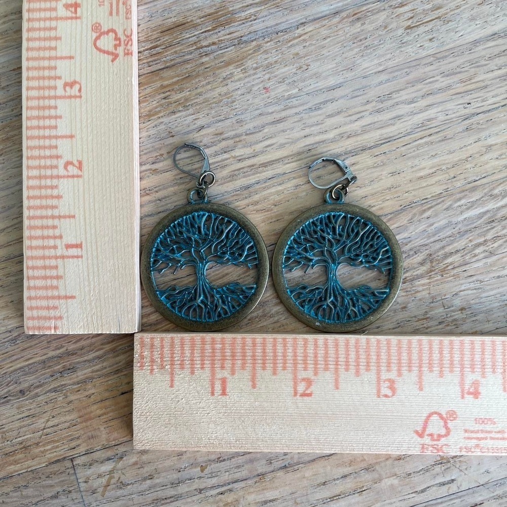 Tree of Life Bronze & Teal Dangle Surgical Steel Lever Back Earrings Bohemian - Picture 2 of 3